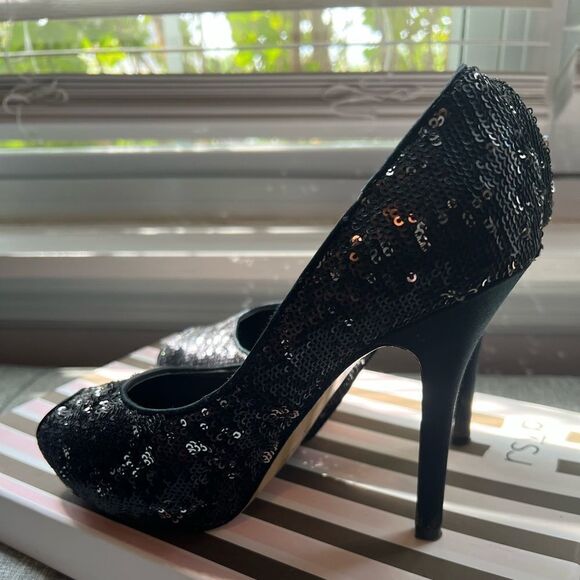 rsvp Black Sequins Peep Toe Pumps Size 6 4.5” Heel - Picture 1 of 6